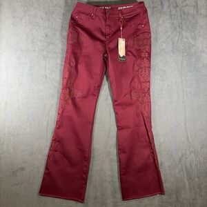Laurie Felt Power Silky Boot Cut Jeans Sz M Burgundy Fray Hem Embroidered NWT